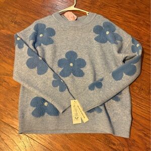 Nanette Lepore Blue Floral Crew Neck Sweater